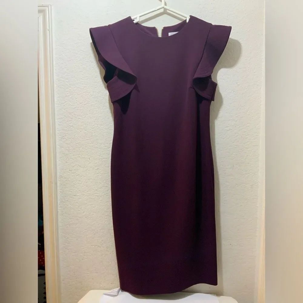 Calvin Klein RuffleโShoulder Black Sheath Dress | Size 10